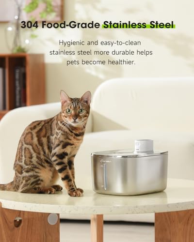 APD APETDOLA Wireless Cat Water Fountain Stainless Steel,135floz/4L Battery Operated Automatic Pet Fountain,Cordless Cat W...