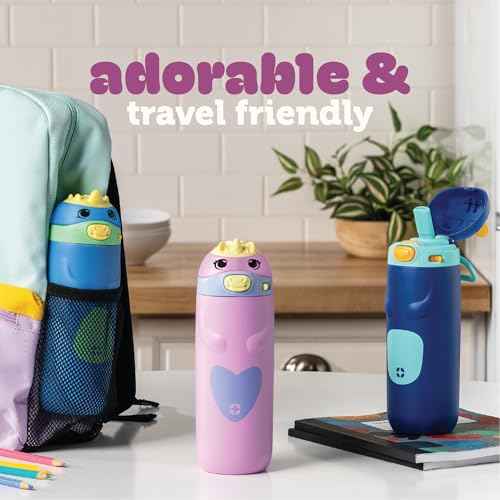 Ello Ellies 12oz Vacuum Insulated Stainless Steel Kids Water Bottle with Straw and Built-in Carrying Handle and Leak-Proof Locking Lid for School Backpack, Lunchbox and Outdoor Sports, Dino