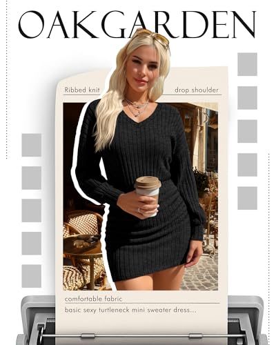 Oakgarden Women's Pullover Sweater Dress Long Lantern Sleeve Ribbed Knit V Neck Ruched Bodycon Mini Dress 2025 Fashion