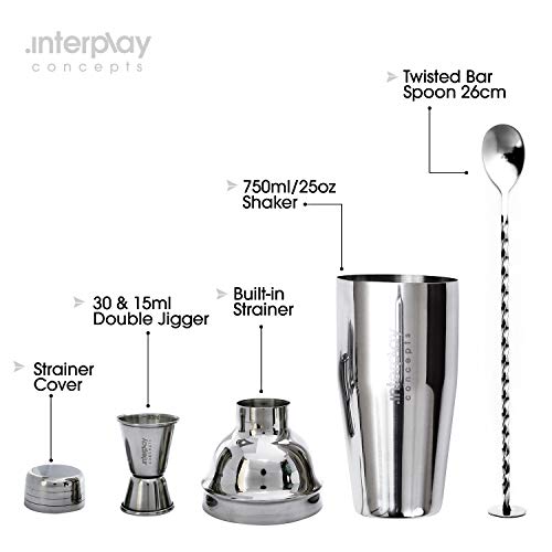 Interplay Concepts 25oz Cocktail Shaker - Large Drink Shaker for Perfect Drinks - Stainless Steel Martini Shaker with Buil...