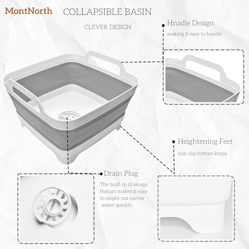 MontNorth Collapsible Wash Basin 9L, Foldable Dish Tub with Drain Plug, Portable Collapsible Dish Basin, Camping Sink for ...