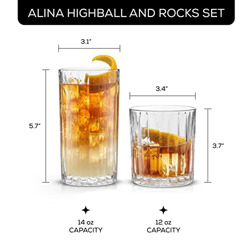 JoyJolt Drinking Glasses Set of 8, Alina Ribbed Glassware. 12oz Rocks Glass and 14oz Highball Glass set. Cocktail Glasses,...