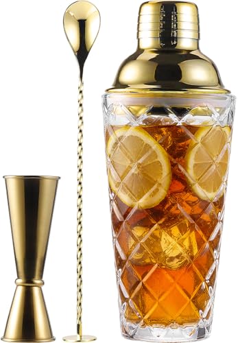 Glass Cocktail Shaker Set with Built-in Strainer – 16oz Thickened Pineapple Glass Gold Shaker Set, Gold Jigger & Bar Spoon...