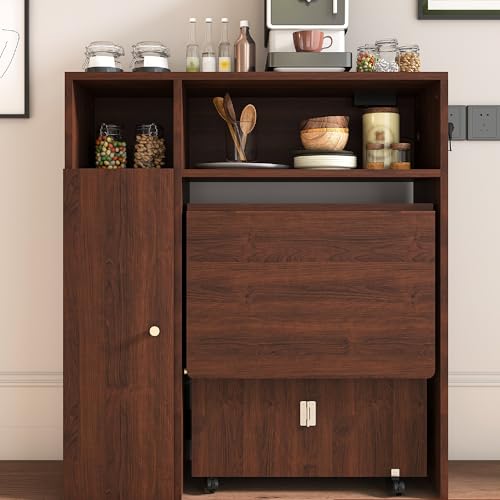 KEIKI Folding Dining Table for 4, Farmhouse Kitchen Extendable Table with Wall-Mounted Storage & Socket, Drop Leaf Tables ...