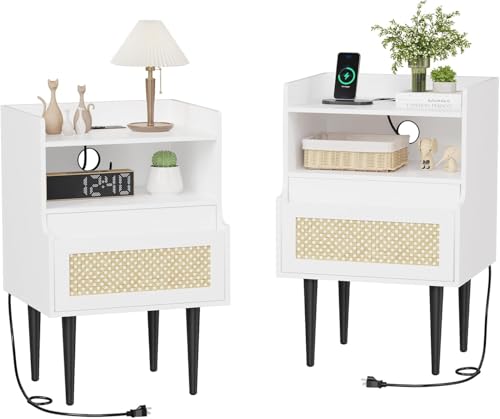 FinerFurnis Rattan Nightstands Set of 2 with Charging Station, Farmhouse Side Table with Drawer & Open Shelf, Freestanding End Table with Sturdy Wood Legs for Bedroom, Living Room, White