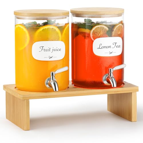 2 PCS 1 Gallon Glass Drink Dispenser for Parties. 2 Glass Beverage Dispenser with Bamboo Stand,18/8 Stainless Steel Spigot...