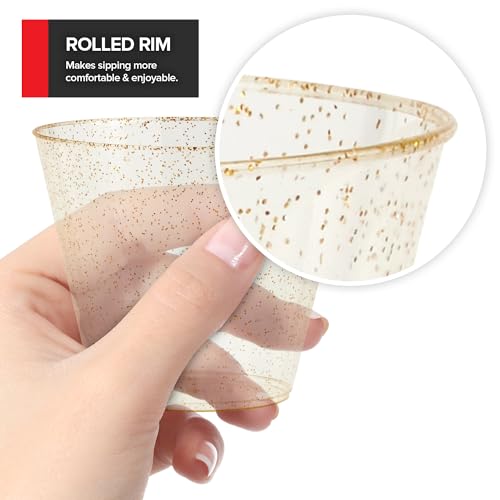 Stock Your Home 9oz Gold Glitter Plastic Cups (100 Pack), Elegant Party Cups for Birthday Parties, Weddings, and Holidays,...