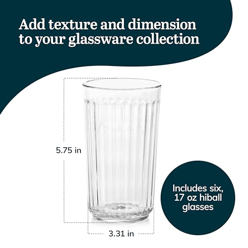 Libbey Paneled Highball Glasses Set of 6, 17 Oz Fine Ribbed Line Whiskey Glasses Set, Dishwasher Safe Highball Champagne G...