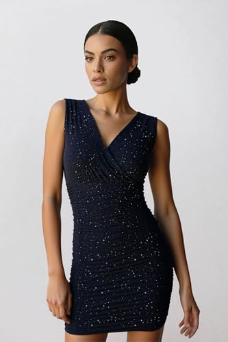 Darupo Women’s Sequin Sleeveless V Neck Short Dress Elegant Glitter Bodycon Ruched Party Cocktail Mini Dress