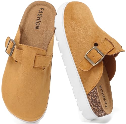 youermei Leather Platform Clogs for Women with Cork Footbed,Comfort Memory Foam Chunky Mules with Arch Support Womens Slip...