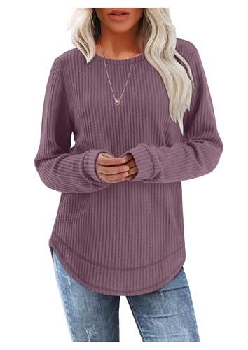 WIHOLL Tunic Tops for Women Loose Fit Dressy Waffle Knit Long Sleeve Shirts Trendy Fall Fashion Crewneck Sweaters Curved Hem