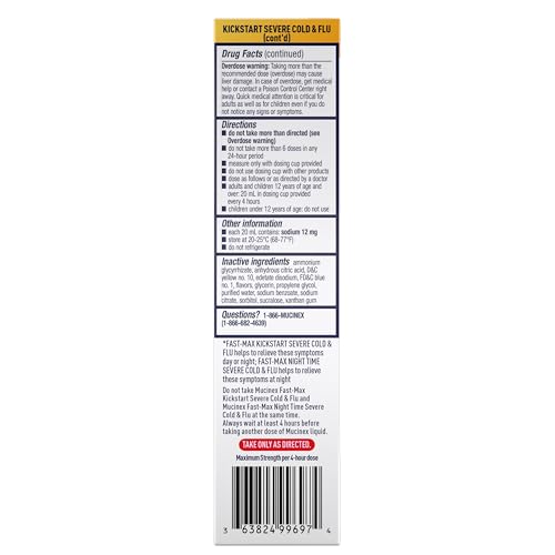 Mucinex Fast-Max Kickstart Severe Cold and Flu Medicine for Adults, Liquid Cold Medicine , Generic Expectorant Guaifenesin & Cough Suppressant Dextromethorphan, Combo Pack, 2x6 fl oz