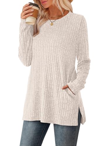 SAMPEEL Womens Sweaters Crewneck Long Sleeve Shirts with Pockets Fall Outfits 2025 Fashion Winter Clothing Side Slit