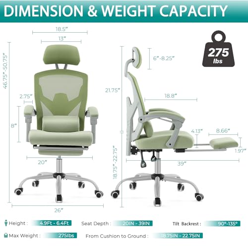DUMOS Office Desk Chair with Footrest Ergonomic Gaming Chair for Adults Computer Mesh, Lumbar Support,Swivel Reclining wit...