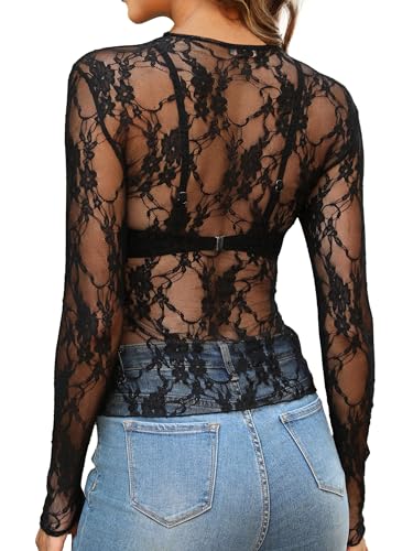 OFEEFAN Womens Mesh Tops Lace Long Sleeve Shirts Crewneck Slim Fitted Outfits See Through Blouses