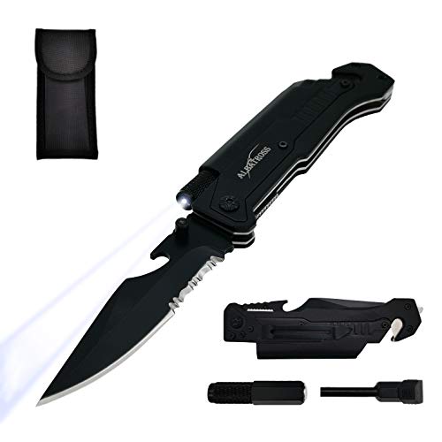 ALBATROSS 6-in-1 Survival Tactical Military Folding Pocket Knives with LED Light,Seatbelt Cutter,Glass Breaker,Magnesium F...