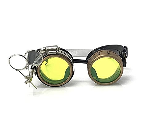UMBRELLALABORATORY Steampunk Victorian Style Goggles with Compass Design, Neon Green Lenses & Ocular Loupe