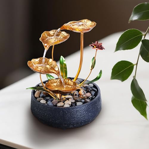 MSEONWXI Tabletop Fountain Metal Lotus Circulating Fountain Water Feature for Zen Home Decor Warm Yellow Scene Light(23034)