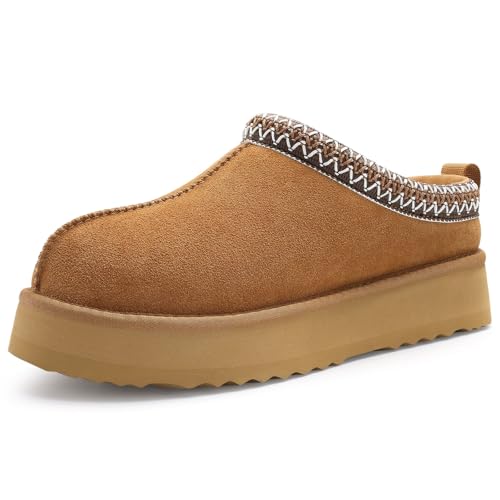 KIDMI Genuine Suede Platform Slippers for Women Fuzzy Winter Warm Shoes Indoor Outdoor