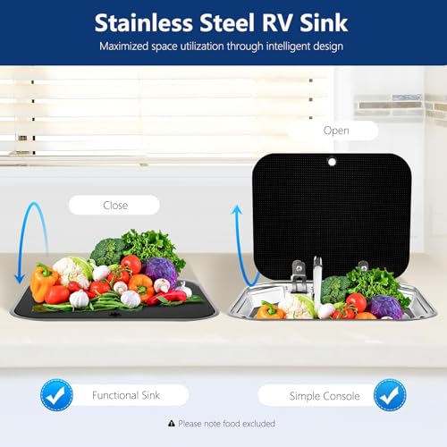 GZOII Portable RV Sink, 16.54×14.57×5.91 Inch Small Stainless Steel Bar Camping Sink with Folde Faucet and Tempered Glass ...