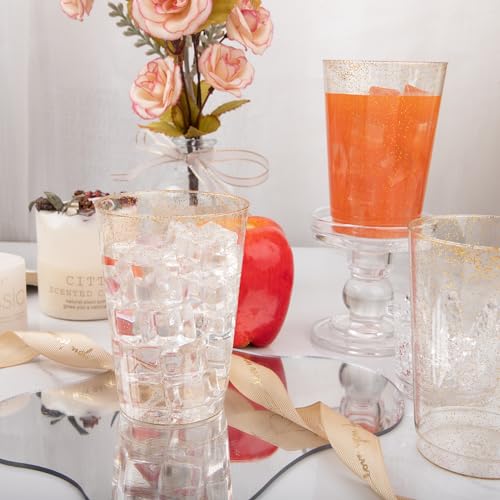 I00000 100 Pack 12 oz Gold Glitter Cups, Clear Disposable Cups, Gold Plastic Wine Glasses Cocktail Glasses Heavy Duty Cup...