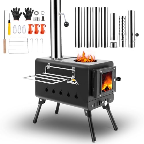 KUNGKA Black Wood Burning Tent Stove, 7 Section Stainless Steel Chimney, Portable Hot Tent Stove for Camping, Hunting, Ice...