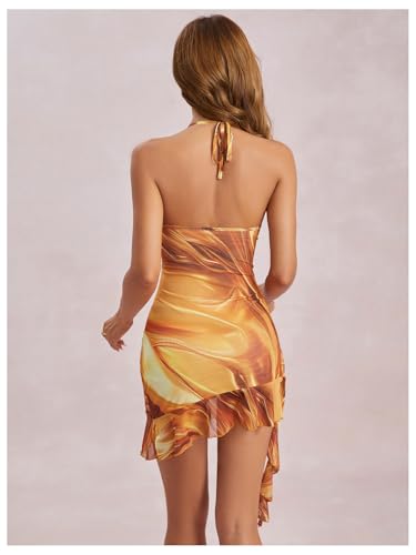 Milumia Women's Sexy Open Back Halter Dress Low Cut Ruffle Hem Mini Dresses