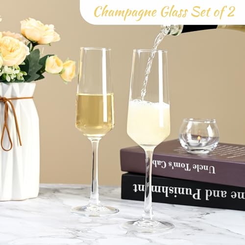 Ocean ice Glass Champagne Flutes Glass, Champagne Glasses Set of 2, Stemmed Mimosa Glasses 9oz, Hand Blown Champagne Flute...