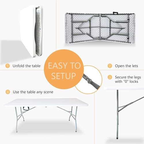 Vampire Killer 6FT Heavy-Duty Folding Table - Instant Setup Portable Utility Table for Large Gatherings, Indoor/Outdoor Ev...