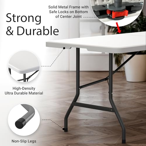 6 Feet Foldable Table with Built in Handle & Steel Legs | 6FT Heavy Duty Folding Portable | Perfect for Party, Dining, Wed...