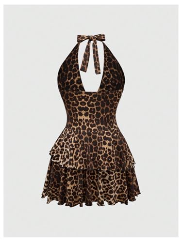 SOLY HUX Women's Plus Size Leopard Print Halter Dress Y2k Gothic Deep V Cheetah Tie Backless Layered Ruffle Mini Dresses
