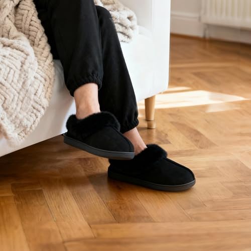Jerzmy House Slippers for Women, Memory Foam Fuzzy Woman Slippers Suede Faux Fur with Arch Support Plush Lining Collar, Co...