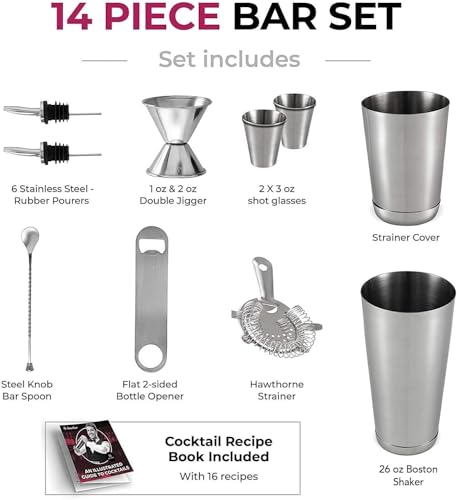 Cocktail Shakers Set, 14 Piece Stainless Steel Bar Tools Kit with Shaking Tins, Flat Bottle Opener, Double Bar Jigger, Haw...