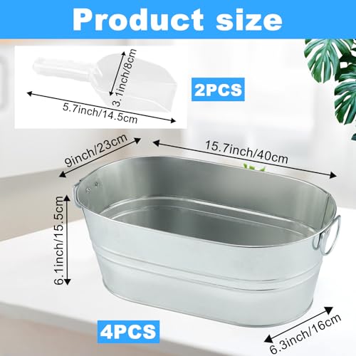 4PCS 4 Gallon Galvanized Tub Champagne Bucket with Carry Handle Large Metal Drink Buckets with Scoops for Home Bar Beer Ch...