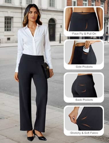 FireSwan Womens Dress Pants Stretchy Wide Leg Work Pants Business Casual Trousers Pull On Office Slacks with 4 Pockets