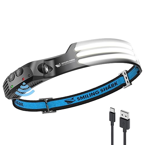 Smiling Shark LED Headlamp, 230°Wide Angle 3*White Light Strips The Brightest Head Lamp Rechargeable with Motion Sensor Wa...
