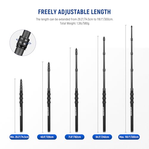 NEEWER Upgraded Microphone Boom Pole, 9.8ft/300cm Telescopic Carbon Fiber Mic Boom Arm with 5 Sections, 1/4" 3/8" 5/8" Scr...