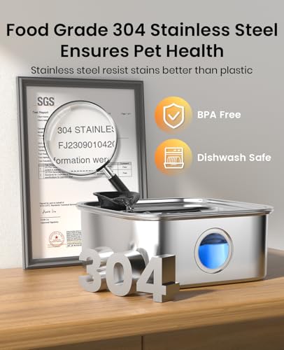 oneisall Dog Water Fountain, 2.6Gal/10L Stainless Steel Dog Water Bowl Dispenser with Deeper Drinking Aera & Washable Filt...