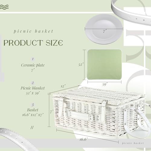 YPshuye Picnic Basket Set for 4 with Waterproof Blanket Mat Insulation Bag Wicker White Green Plaid Classic Fresh Gift for...