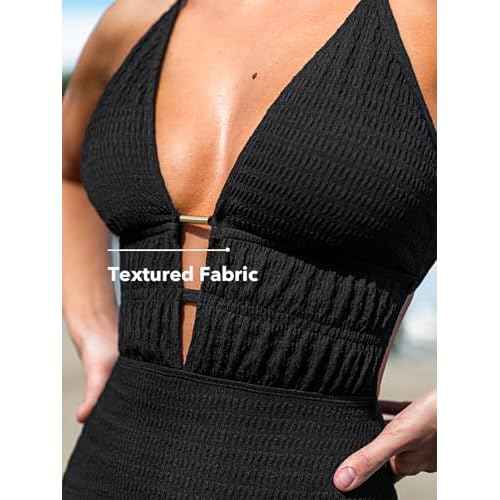 CUPSHE Women's One Piece Swimsuit Plunging Neck Cutouts Bathing Suit Textured Ruched Crisscross Back Self Tie Swimwear