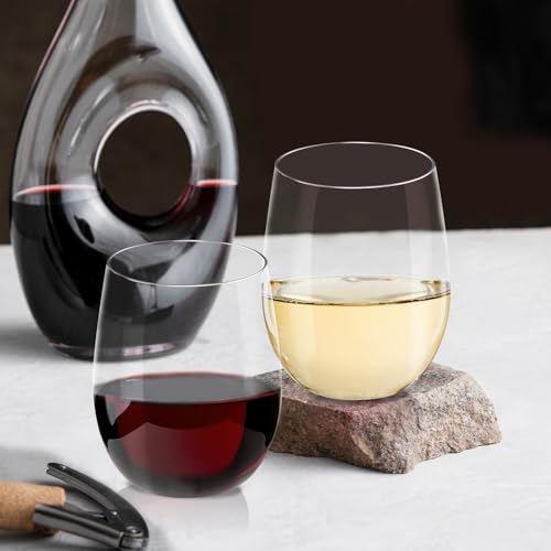 Lamosi 24 Pack Plastic Wine Glasses Disposable, 16 oz Stemless Wine Glasses for Party, Reusable Crystal Clear Plastic Cup...