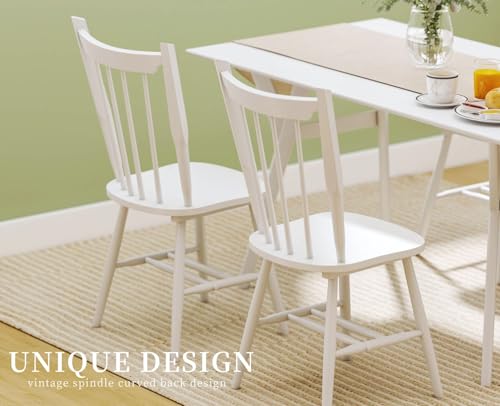 ROCITY Wooden Dining Chairs Set of 4 Mid Century Modern Kitchen Chairs with Spindle Back/Solid Wood Frame Vintage Windsor Chairs for Dining Room, White