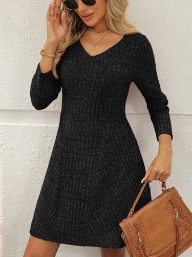 AUTOMET Womens Sweater Dresses Winter Long Sleeve Fall Fashion 2026 V Neck A-Line Flowy Mini Casual Dress Comfy Work Clothes