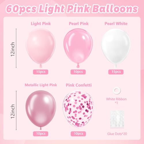 Light Pink and White Balloons, 60pcs 12inch Pearl Light Baby Pink Confetti White Balloons for Wedding Bridal Shower Baby S...