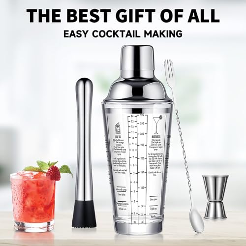 OBALY Glass Cocktail Shaker Stainless Steel Leak-Proof Lid Boston Shaker Martini Shaker Beginner Bartender Kit with Jigger...