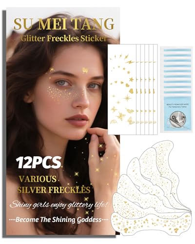 SUMEITANG Glitter Freckles Face Tattoo Patches - 12PCS Temporary Sparkle Face Stickers with 10 Remover Wipes | Waterproof ...