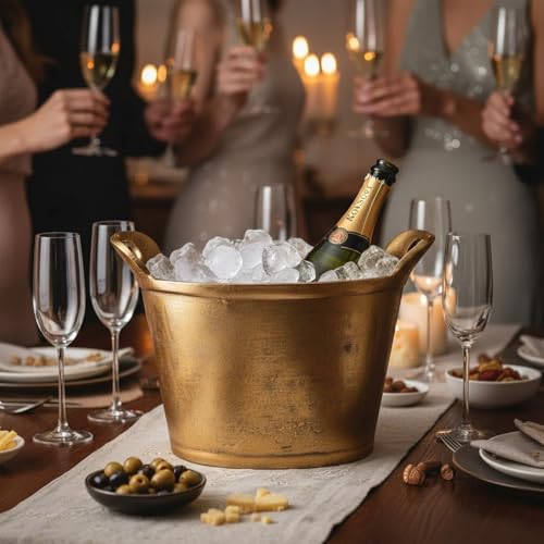 Solid Bronze Gold 12-Quart Double-Walled Insulated Ice Bucket & Champagne Cooler (13.4" x 9.45") | Premium Modern Barware ...