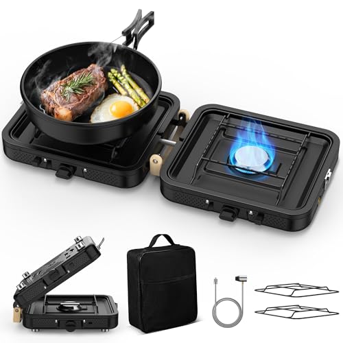 Camp Stove Propane, 2 Burner Folding Propane Camping Stove with Carrying Bag, Adjustable High Heat Burners & Piezo Push-Bu...