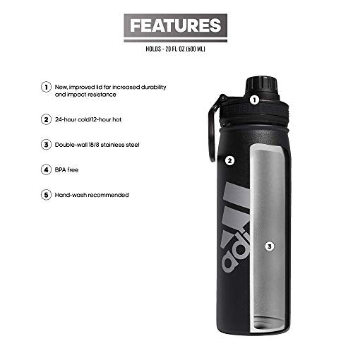 adidas 20 oz Stainless Steel Water Bottle, Insulated Double-Walled 18/8 Metal, Men, Women, Girls and Boys Water Bottles
