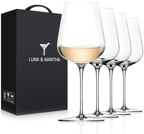 LUNA & MANTHA White Wine Glasses Set of 4, Crystal Wine Glasses with Stem, Hand Blown 14oz, Perfect for Red，White Gift Pac...